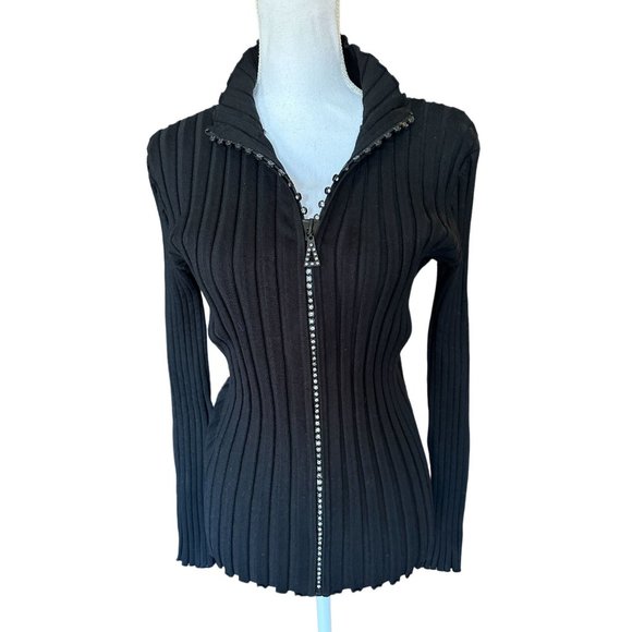 Belldini Sweater Cardigan Women Sz XL Black Full Zipper Rhinestones Stretch Knit - Picture 2 of 12